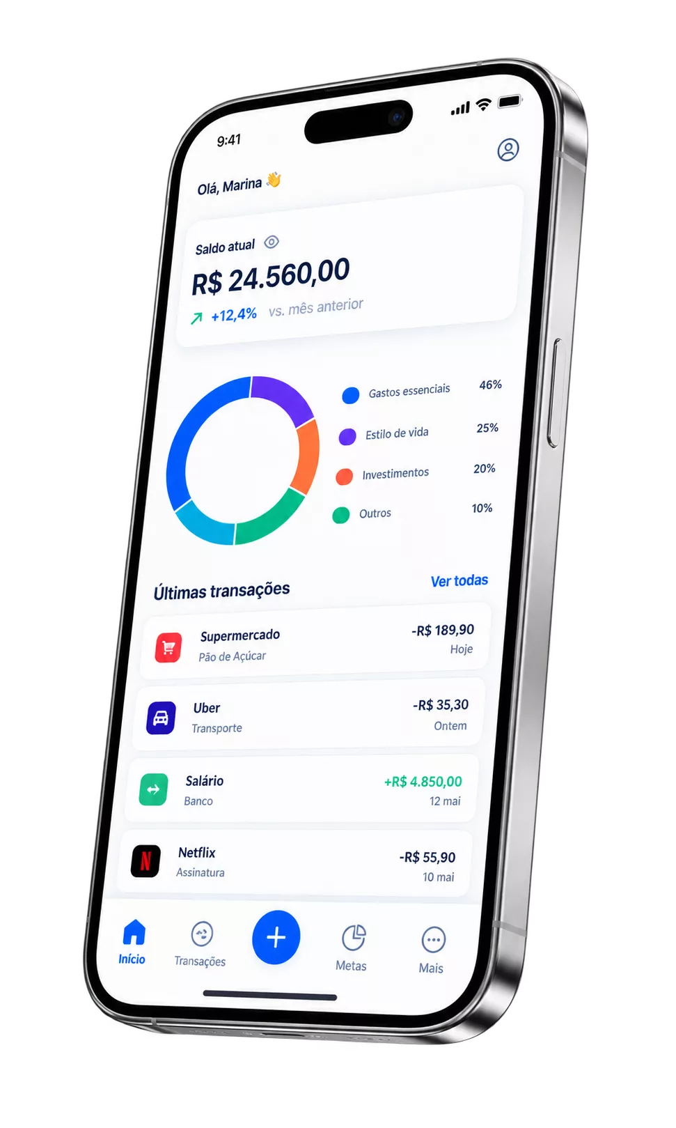 Aplicativo Pixify mostrando saldo atual, gastos por categoria e últimas transações