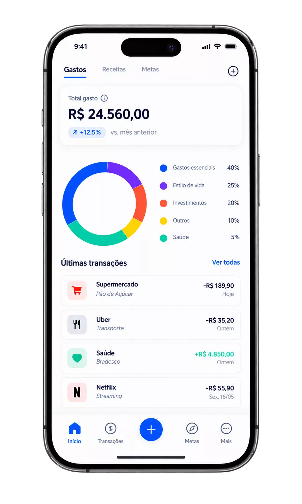 Tela de visão geral do Pixify, com saldo, entradas e saídas do mês