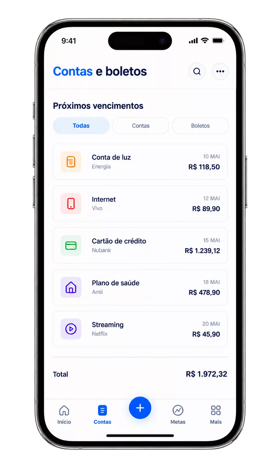 Tela de contas e vencimentos do Pixify, com as datas em ordem