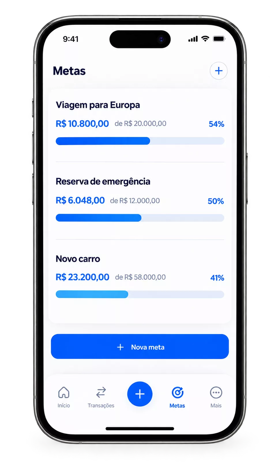 Tela de metas do Pixify, com valor guardado e prazo de cada objetivo