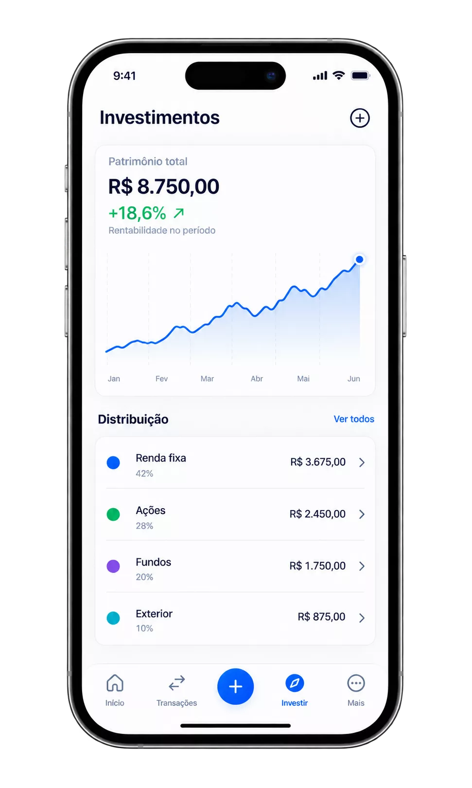 Tela de patrimônio e investimentos do Pixify, com o total somado